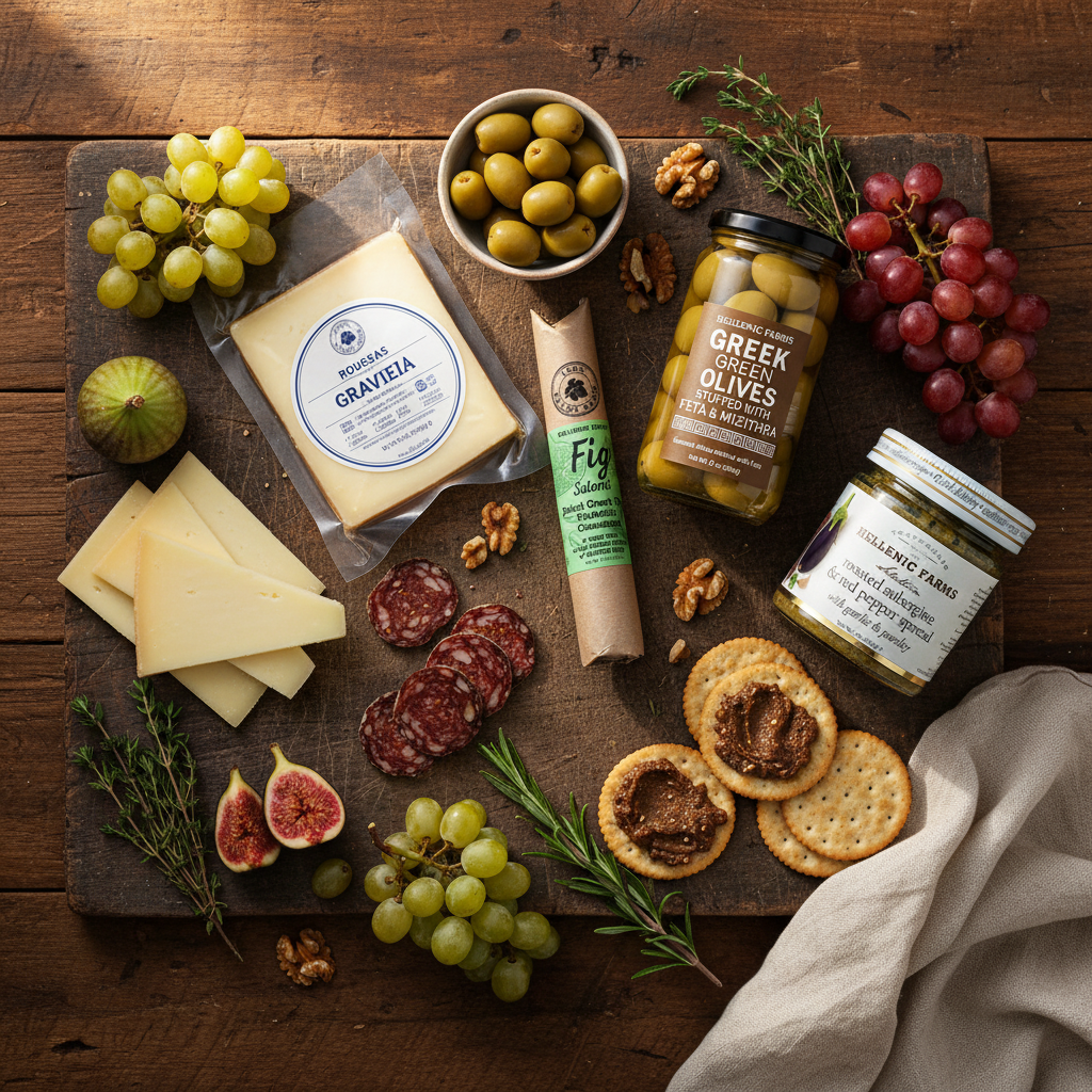 Overhead view of Greek charcuterie board featuring Roussas Graviera cheese, Hellenic Farms Fig Salami, stuffed Feta and Mizithra olives, and roasted aubergine red pepper spread with crackers, figs, grapes, and herbs on rustic wood