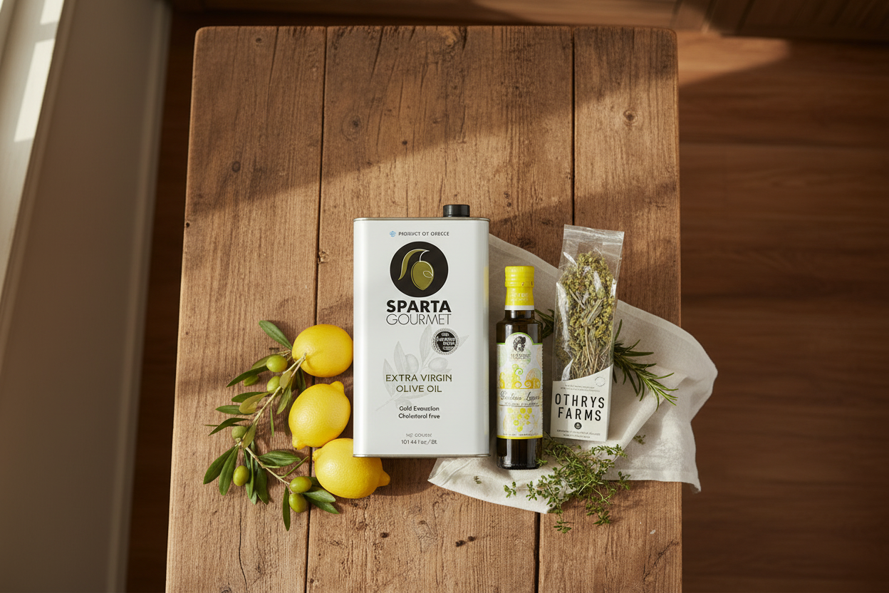 Mediterranean Citrus Gift Set — Sparta Gourmet EVOO 3L, Ariston Lemon Olive Oil & Othrys Greek Mountain Tea