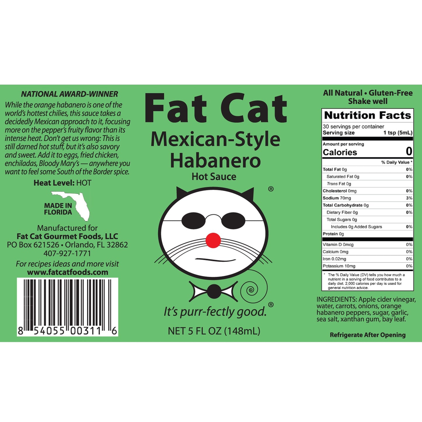 Fat Cat Mexican-Style Habanero — Fruity, Citrusy Hot Sauce | Award-Winning | Made in Florida | 5oz