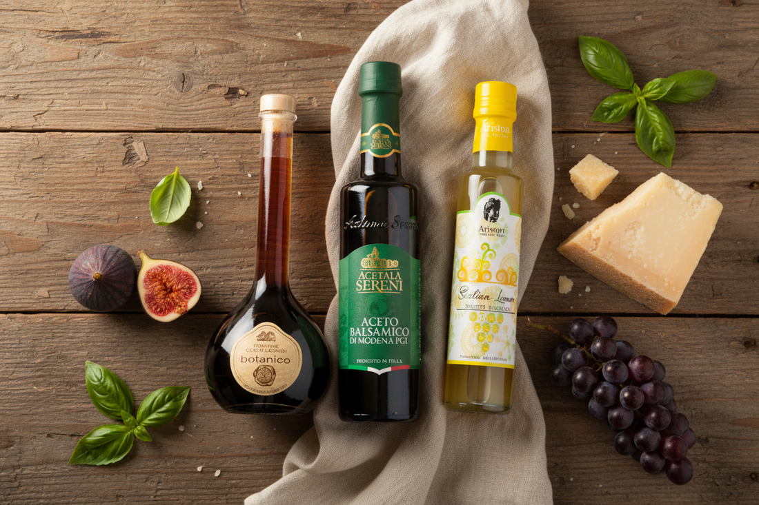 Flat lay of three artisan balsamic vinegars — Botanico Gold Seal, Balsamic of Modena PGI Green Label, and Ariston Sicilian Lemon — styled with fresh figs, Parmigiano-Reggiano, dark grapes, and basil on a rustic wood surface with warm Mediterranean light