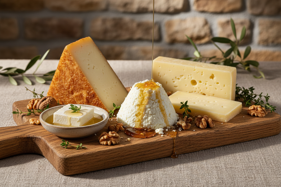 Greek cheese board with Graviera wedge, Mizithra, Kefalograviera and feta in brine with thyme, walnuts and honey