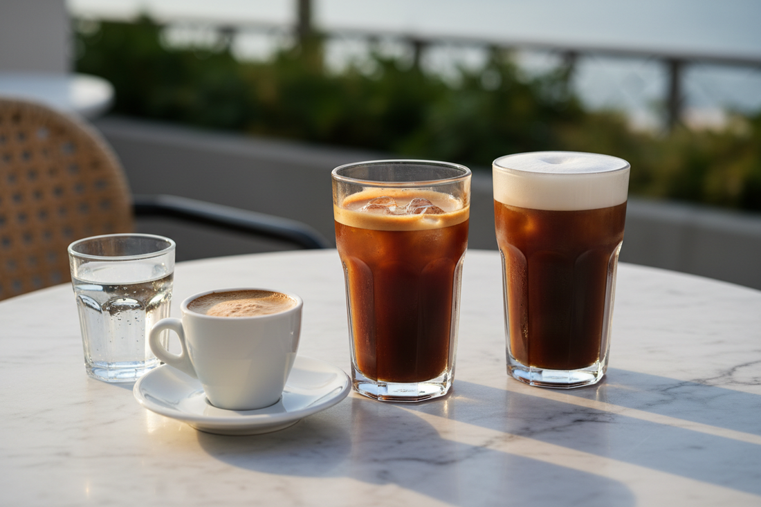  ellinikos kafes in a demitasse, Freddo espresso over ice, and Freddo cappuccino with cold milk foam, all three side by side on marble