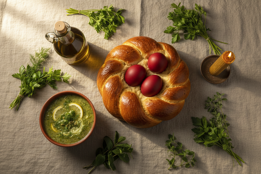 Greek Easter table with golden tsoureki bread, red-dyed eggs, magiritsa soup, olive oil, and a beeswax candle on a rustic linen surface