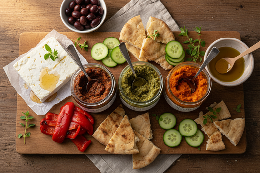 Greek mezze board with Hellenic Farms Mediterranean Trio spreads, PDO feta, roasted peppers, olives, torn pita, and olive oil on a rustic wooden surface