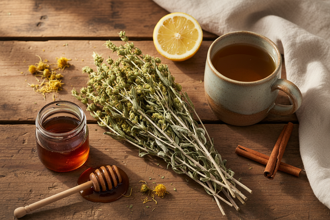Flat lay of wild-harvested Greek mountain tea (Sideritis) herb bundle styled with a rustic ceramic mug of golden herbal tea, Greek thyme honey, lemon slice, and cinnamon on a worn wood surface with warm Mediterranean light