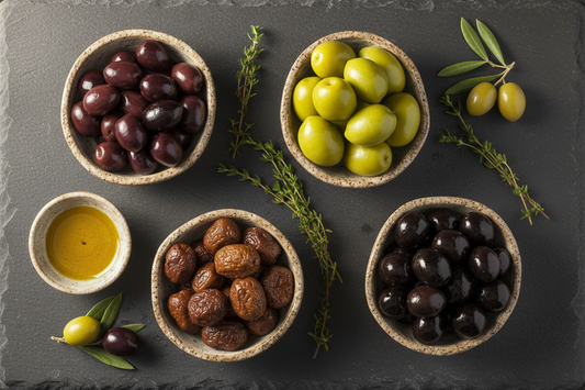 Four Greek olive varieties — Kalamata, Halkidiki, Throumba and Amfissa — in ceramic bowls on dark slate with thyme sprigs and olive oil