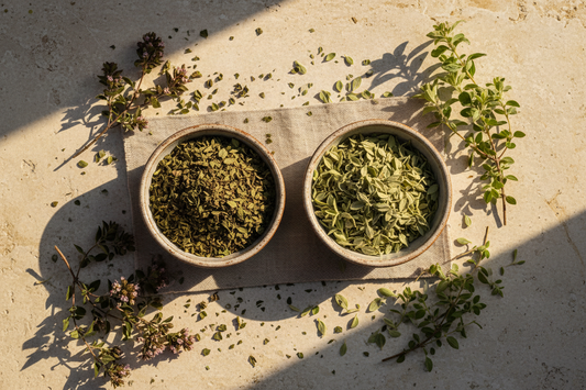 Two rustic ceramic bowls side by side — wild Greek oregano vs Italian oregano — on a weathered stone surface with warm Mediterranean light