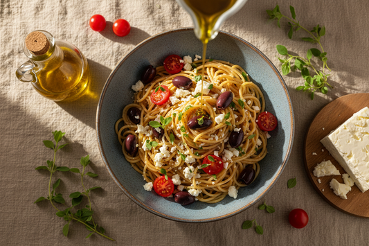 a rustic bowl of feta-and-olive spaghetti with cherry tomatoes, oregano, and a golden olive oil drizzle on warm linen