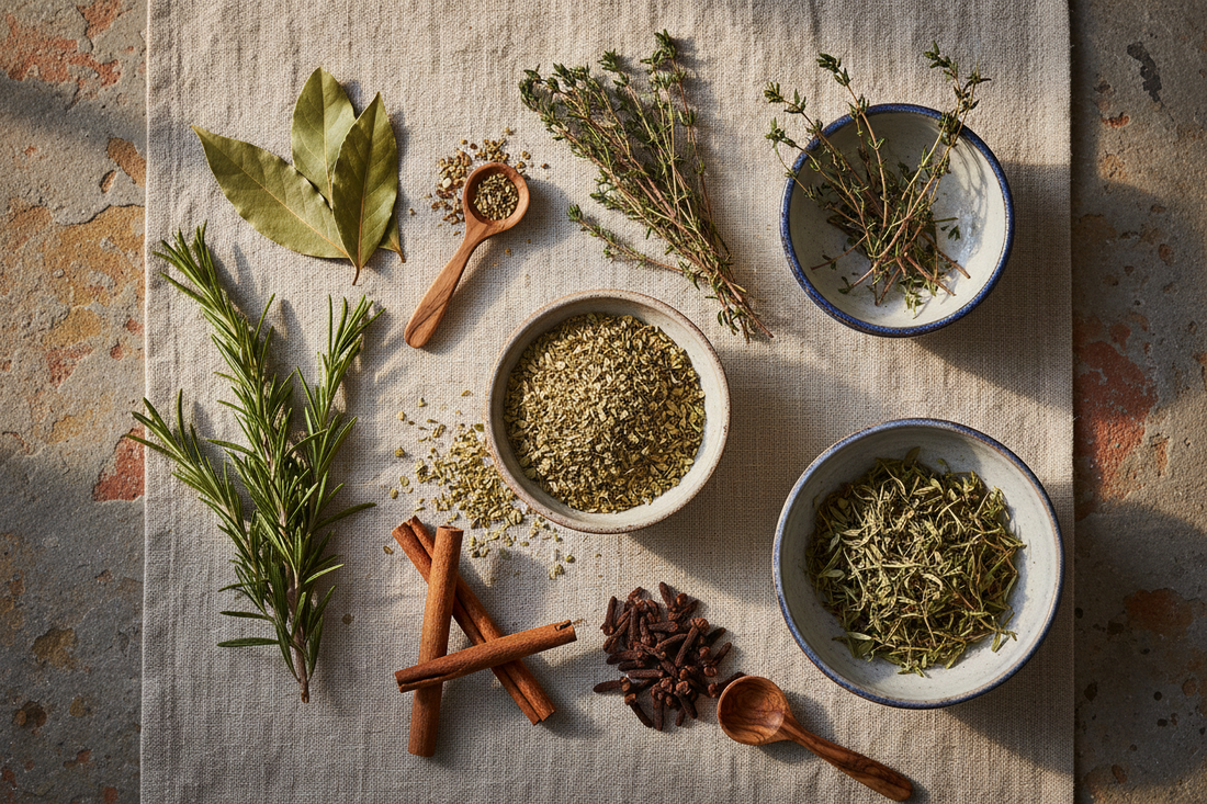 Authentic Greek spices and herbs flat lay — oregano, thyme, rosemary, cinnamon and bay leaves on a Mediterranean stone surface
