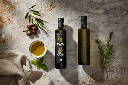 Sparta Gourmet Organic EVOO bottle alongside Italian olive oil on a rustic Mediterranean surface with olives and olive branches