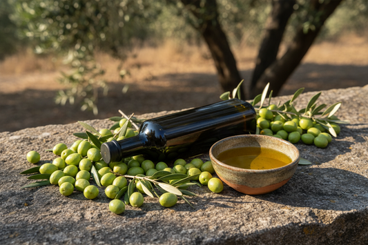  Bottle of Koroneiki extra virgin olive oil with freshly harvested green Koroneiki olives and leaves on rustic stone surface