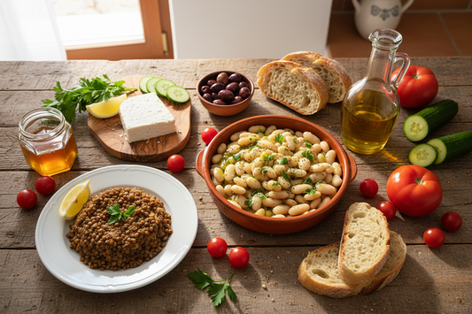 Budget Mediterranean meal spread with white beans, lentils, feta, Kalamata olives, olive oil and fresh vegetables on rustic wooden table