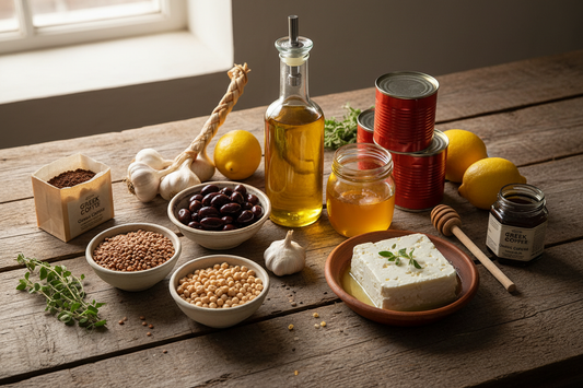Mediterranean pantry shopping spread with olive oil, feta, honey, Kalamata olives, lentils, chickpeas, tomatoes and Greek coffee on rustic wooden table