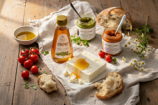 Mediterranean Mother's Day table with Orino honey, Roussas PDO feta, Hellenic Farms spreads, cherry tomatoes, olive oil, oregano sprigs and torn bread on a linen-draped wooden surface