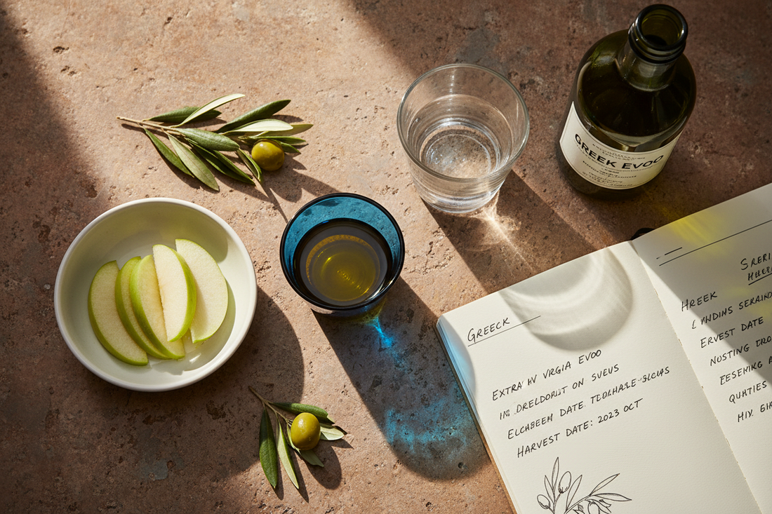 Professional olive oil tasting setup with cobalt blue tasting glass, golden Greek EVOO, green apple slices, and tasting notes on a rustic stone surface — Mediterranean editorial style