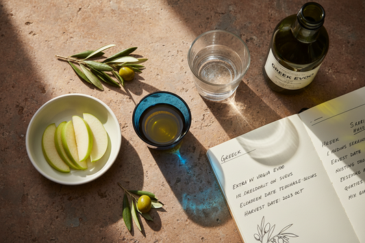 Professional olive oil tasting setup with cobalt blue tasting glass, golden Greek EVOO, green apple slices, and tasting notes on a rustic stone surface — Mediterranean editorial style
