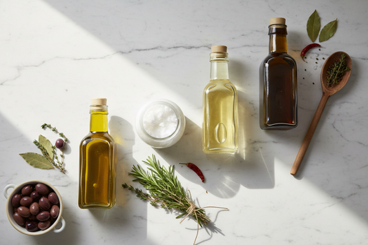  Flat-lay comparison of olive oil, coconut oil, vegetable oil, and seed oil bottles on a marble countertop with Mediterranean kitchen props