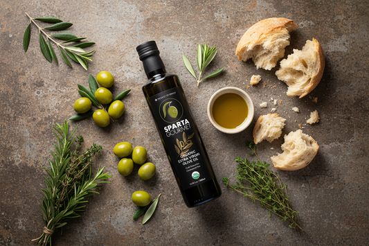 Sparta Gourmet Organic extra virgin olive oil 500ml bottle with fresh olives, herbs, a tasting dish, and warm bread on a rustic stone surface — authentic Greek EVOO