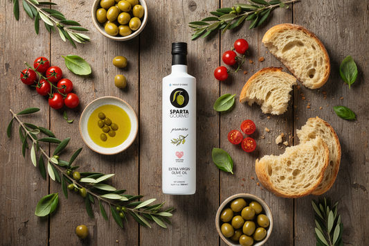 Sparta Gourmet Premiere extra virgin olive oil 500ml bottle surrounded by fresh olives, olive branches, tomatoes, basil, and crusty bread on a rustic wooden table — premium Greek EVOO lifestyle shot