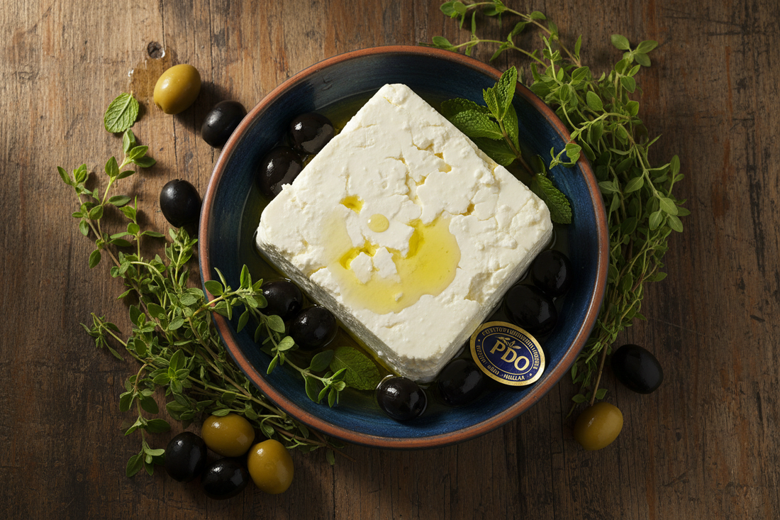 A premium flat lay of authentic Greek PDO feta in a ceramic bowl with brine, fresh herbs, black olives, a drizzle of olive oil, and a subtle PDO label — warm natural light, earthy Mediterranean tones on an aged wood surface
