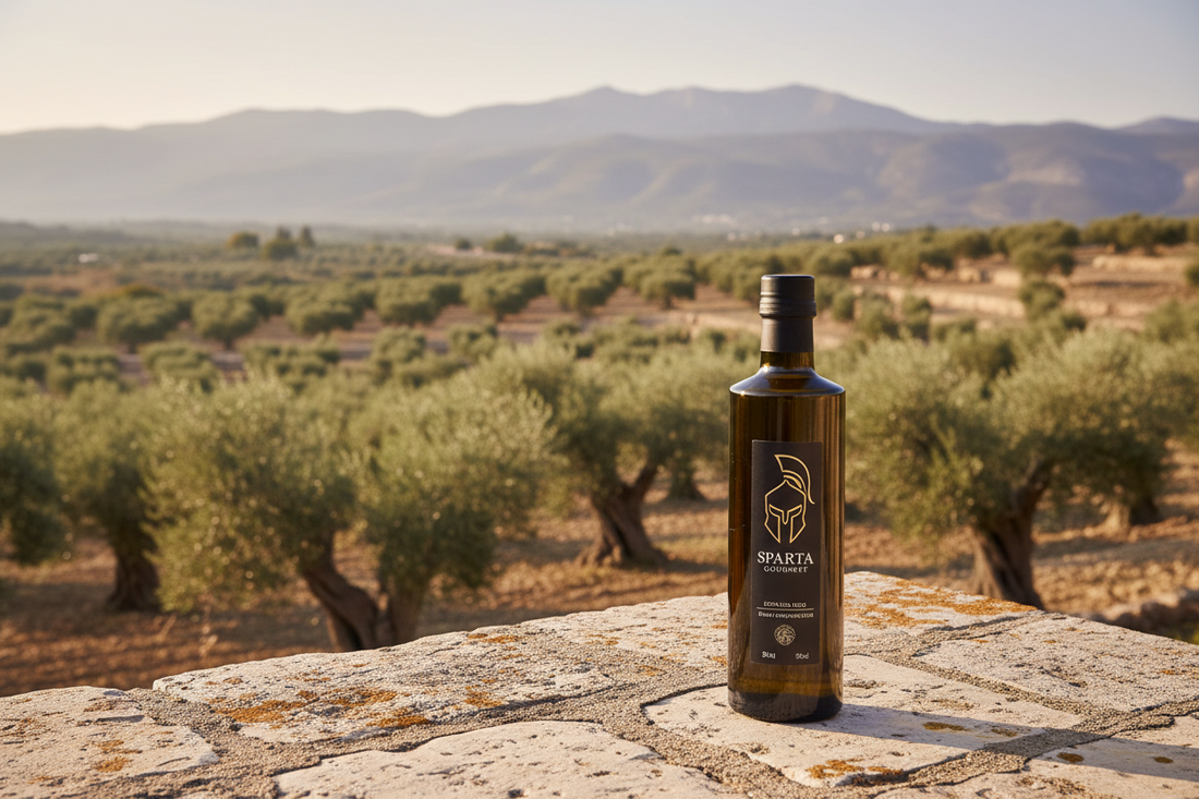 Dark glass bottle of Sparta Gourmet extra virgin olive oil on a stone terrace overlooking Laconian olive groves and the Taygetos mountain range