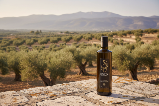Dark glass bottle of Sparta Gourmet extra virgin olive oil on a stone terrace overlooking Laconian olive groves and the Taygetos mountain range