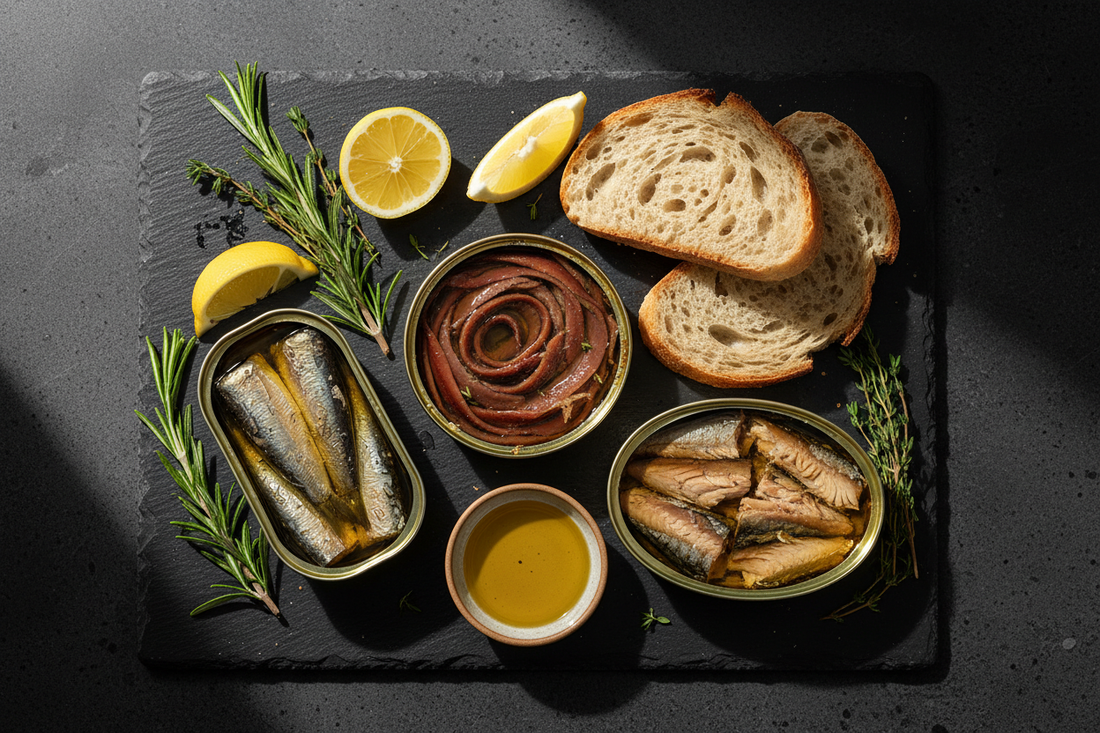 Open tins of sardines, anchovies and smoked mackerel conservas on dark slate with lemon, herbs and crusty bread