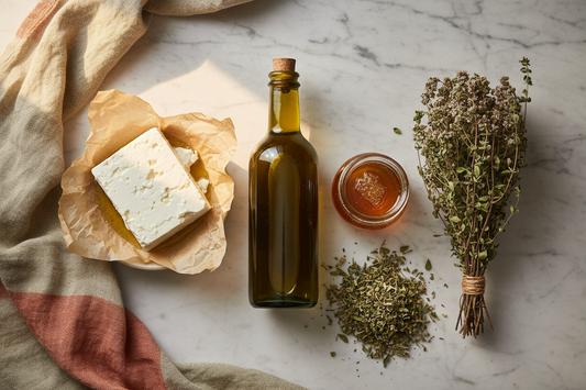 Authentic Greek pantry staples on a marble surface — barrel-aged feta, extra virgin olive oil, crystallized thyme honey, dried mountain oregano, and sideritis mountain tea