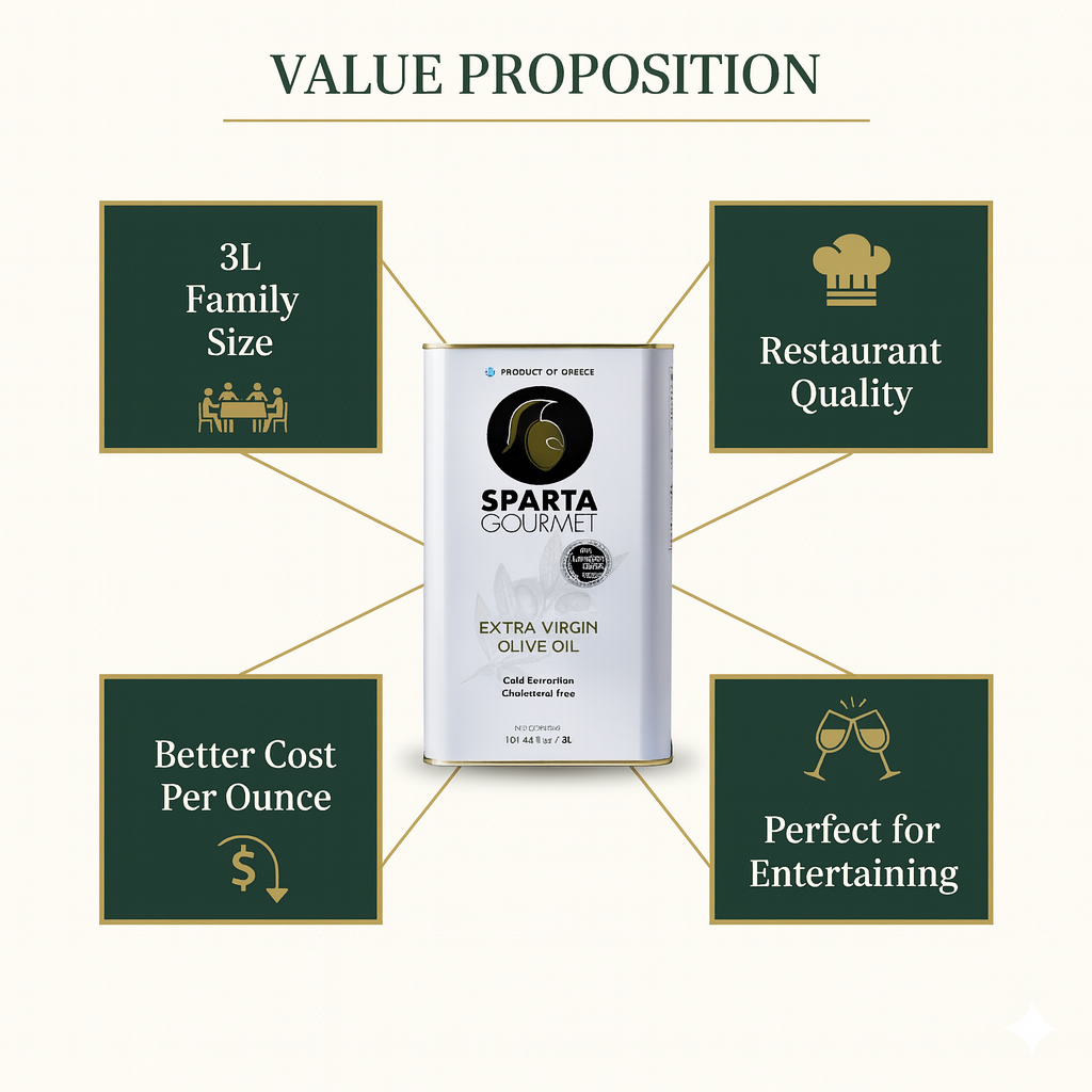 Sparta Gourmet olive oil packaging with value proposition text on a white background