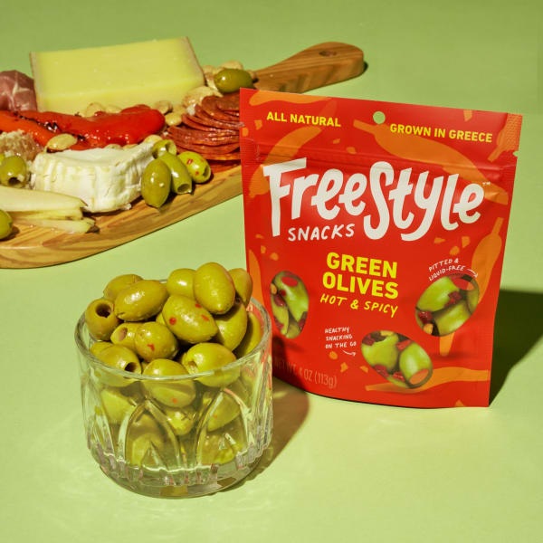 Hot & Spicy Green Olives | Pitted, Liquid-Free | Mediterranean Snack Olives | Freestyle