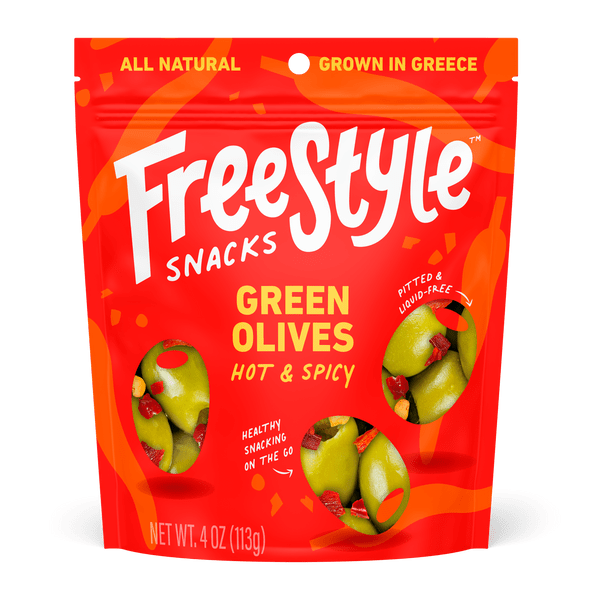 Hot & Spicy Green Olives | Pitted, Liquid-Free | Mediterranean Snack Olives | Freestyle