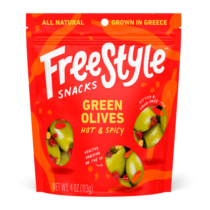 Hot & Spicy Green Olives | Pitted, Liquid-Free | Mediterranean Snack Olives | Freestyle
