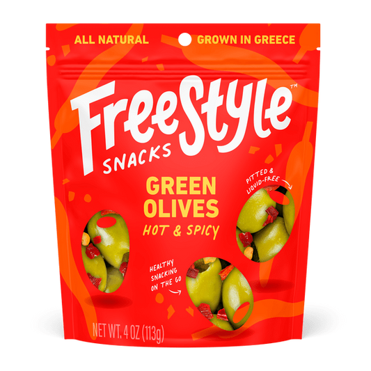 Hot & Spicy Green Olives | Pitted, Liquid-Free | Mediterranean Snack Olives | Freestyle