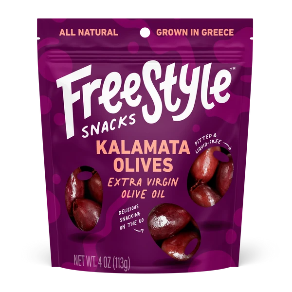 Freestyle Kalamata Olives in Extra Virgin Olive Oil | Pitted, Liquid-Free | 2.1oz Greek Snack