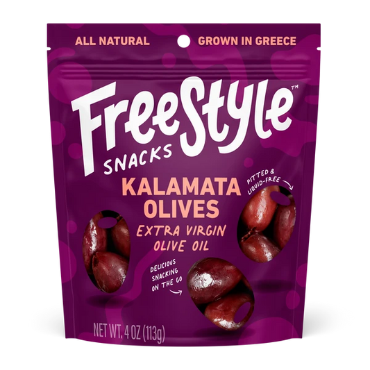 Freestyle Kalamata Olives in Extra Virgin Olive Oil | Pitted, Liquid-Free | 2.1oz Greek Snack