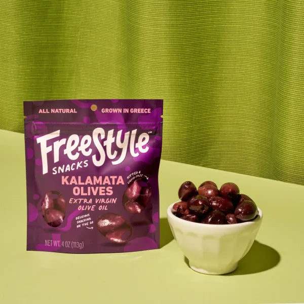 Freestyle Kalamata Olives in Extra Virgin Olive Oil | Pitted, Liquid-Free | 2.1oz Greek Snack
