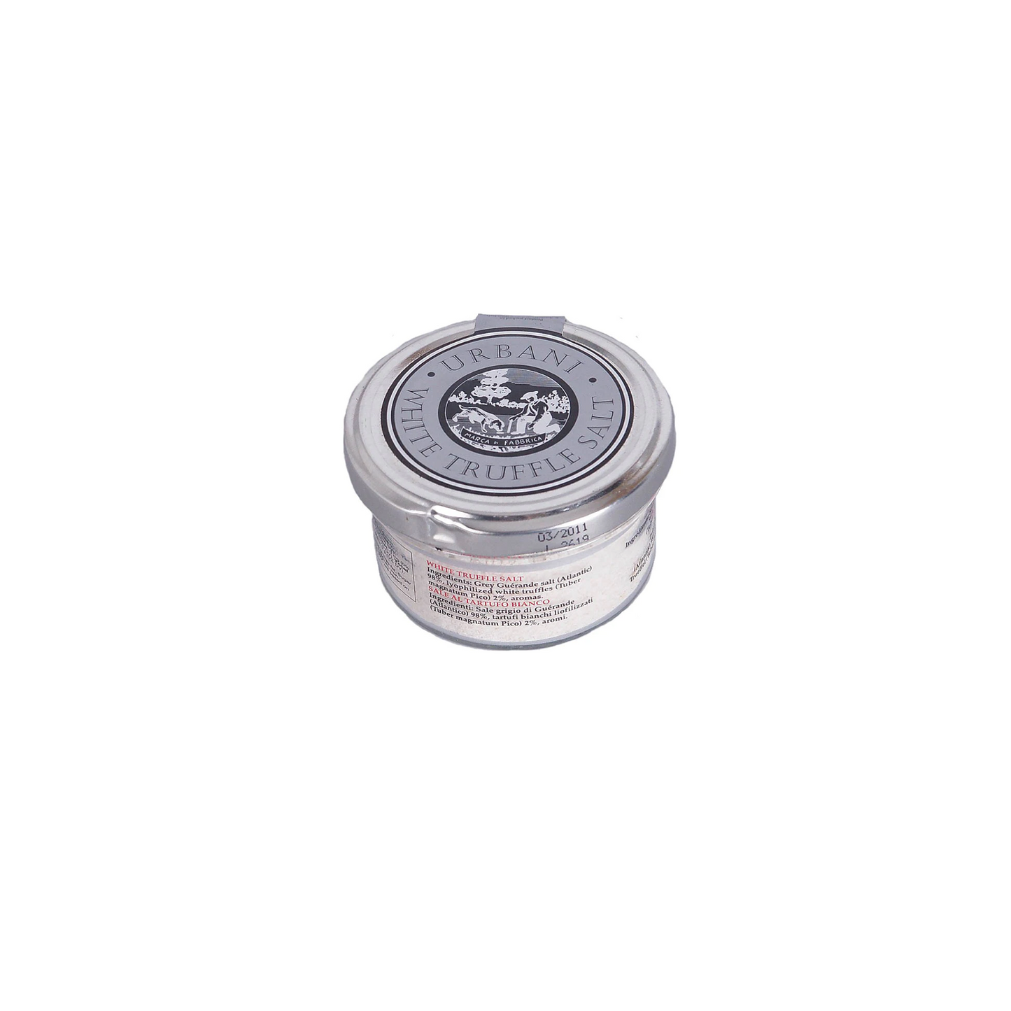 Jar of Truffle salt with a brand label on a white background

