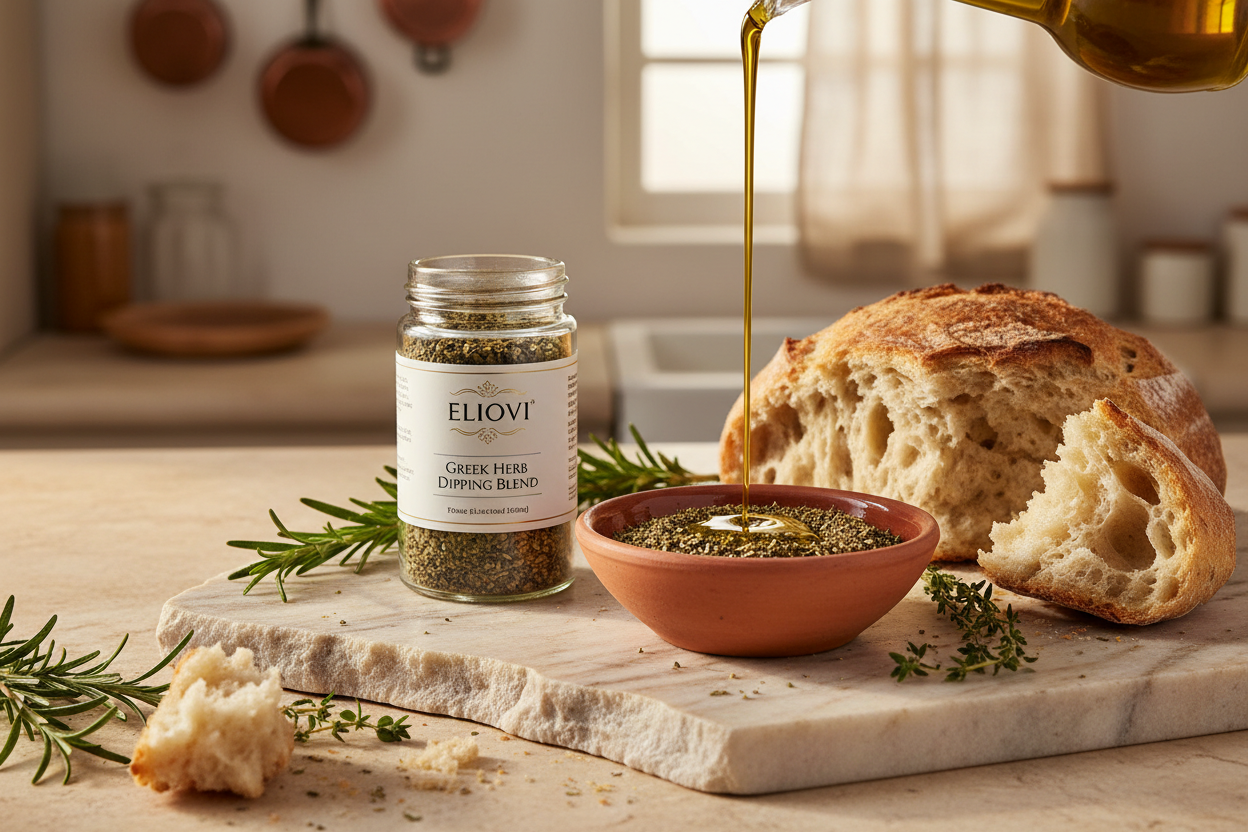 Eliovi Greek Herb herb blend jar as the hero on marble, with olive oil being drizzled into a terracotta bowl, torn sourdough bread