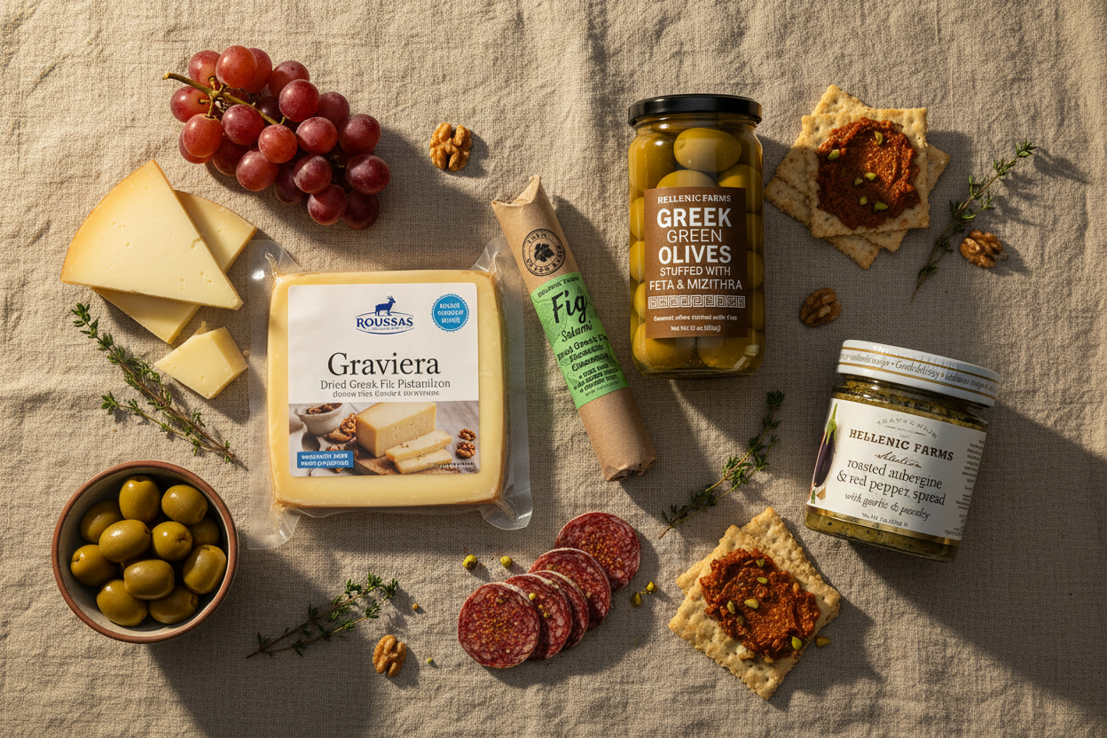 Greek Board Builder Gift Set with Roussas Graviera, Hellenic Farms Fig Salami, stuffed green olives, and aubergine red pepper spread on rustic linen with grapes, walnuts, and fresh thyme