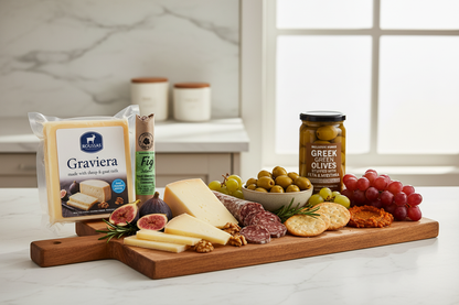 Roussas Graviera, Hellenic Farms Fig Salami, stuffed green olives, and roasted aubergine spread arranged on a wooden charcuterie board with crackers, fresh figs, grapes, and rosemary on marble counter

