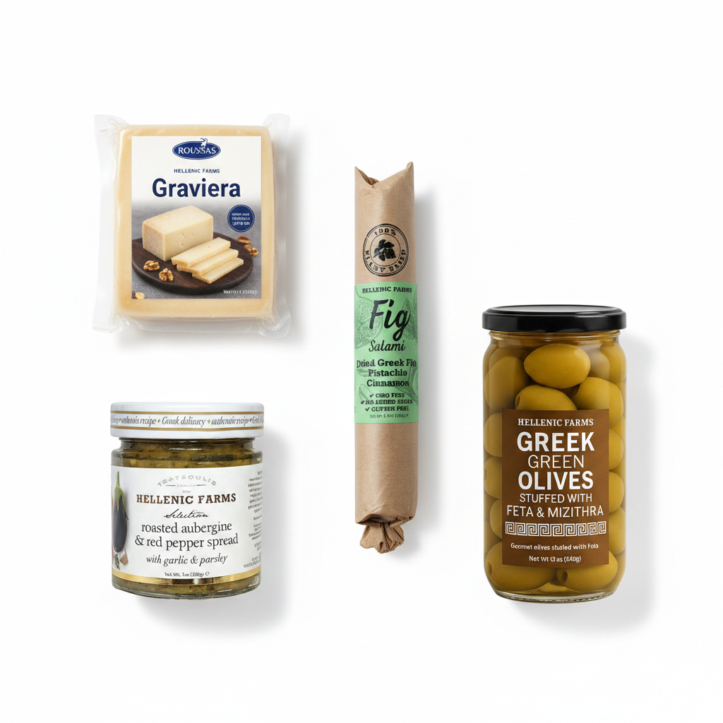 Roussas Graviera cheese wedge, Hellenic Farms Fig Salami, Stuffed Green Olives with Feta and Mizithra, and Roasted Aubergine & Red Pepper Spread — Greek Board Builder Gift Set on white background