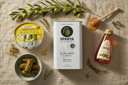 Greek Pantry Essentials bundle with Sparta Gourmet olive oil 3L tin, Palirria dolmades, and Orino mountain honey on rustic linen with olive branch, herbs, and honey dipper