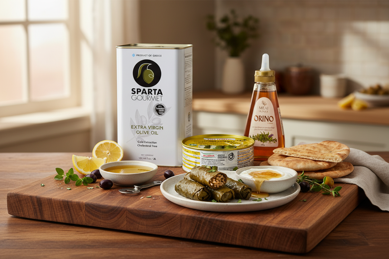 Sparta Gourmet EVOO 3L tin, Palirria dolmades tin, and Orino honey squeeze bottle on a wooden mezze board with dolmades, Greek yogurt with honey, pita bread, and fresh herbs