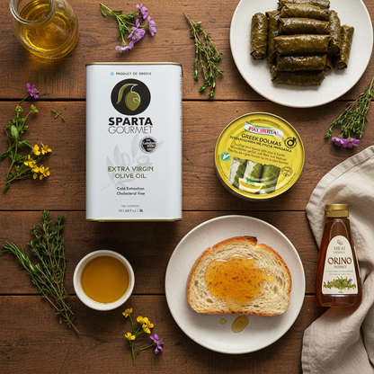 Overhead view of Greek pantry spread featuring Sparta Gourmet olive oil 3L, Palirria stuffed grape leaves, and Orino wild thyme mountain honey with fresh herbs and linen on rustic wood
