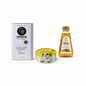 Sparta Gourmet EVOO 3L tin, Palirria Greek Dolmades tin, and Orino Mountain Honey squeeze bottle — Greek Pantry Essentials bundle on white background