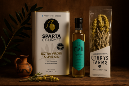  Premium Greek wellness set: Sparta EVOO (3L), Botanico white balsamic (8.45oz) & Othrys mountain tea (50g)