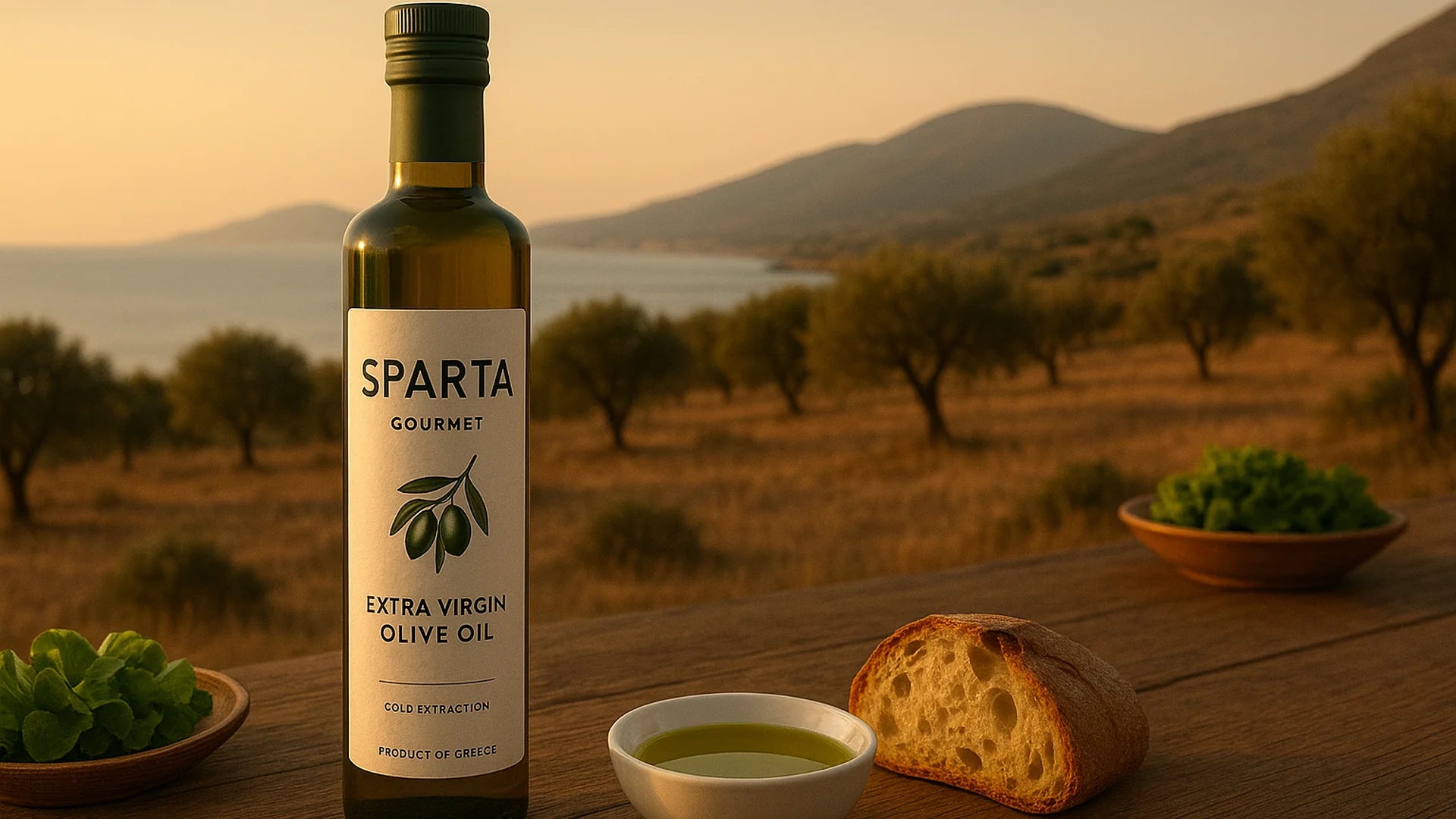 Bottle of Sparta Gourmet Extra Virgin Olive Oil with olive trees and mountains in the background