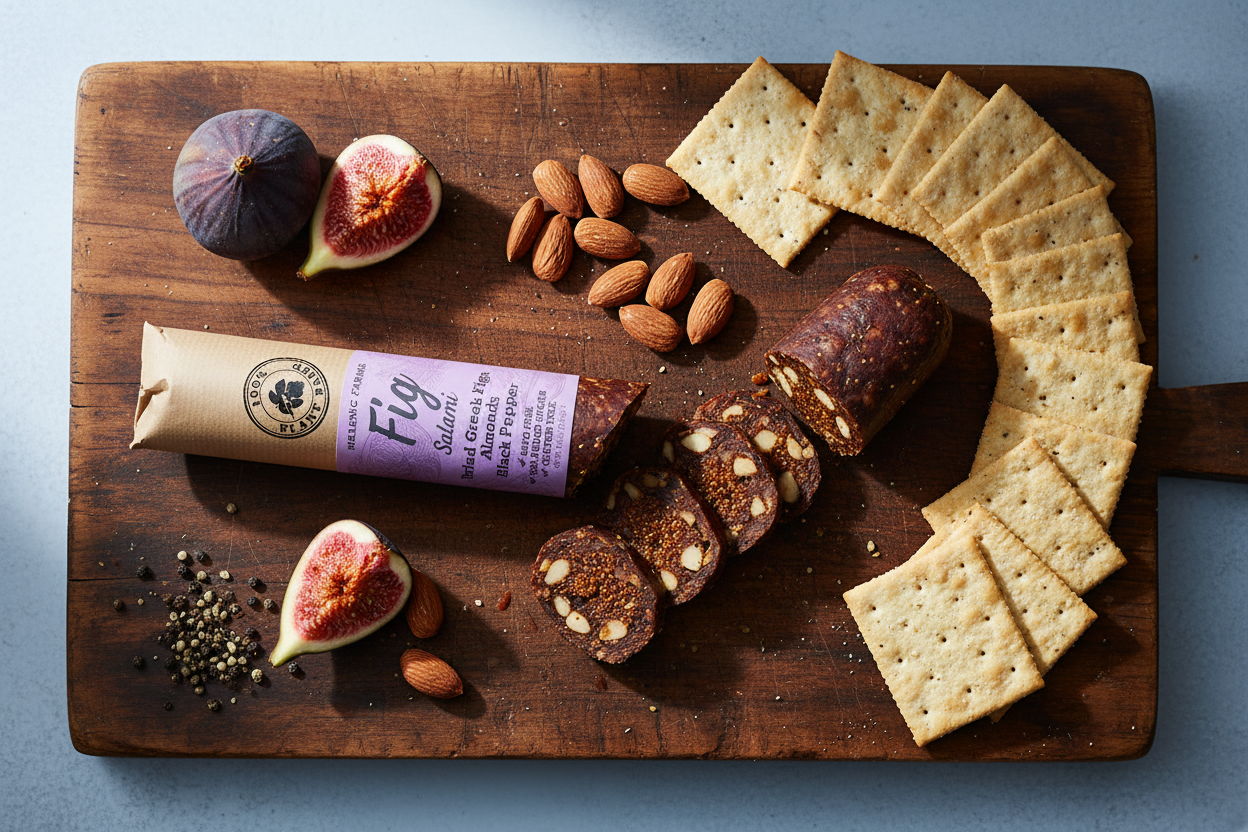 Hellenic Farms Vegan Fig Salami | Almonds & Pepper | Raw Greek Figs | Savory Vegan Charcuterie