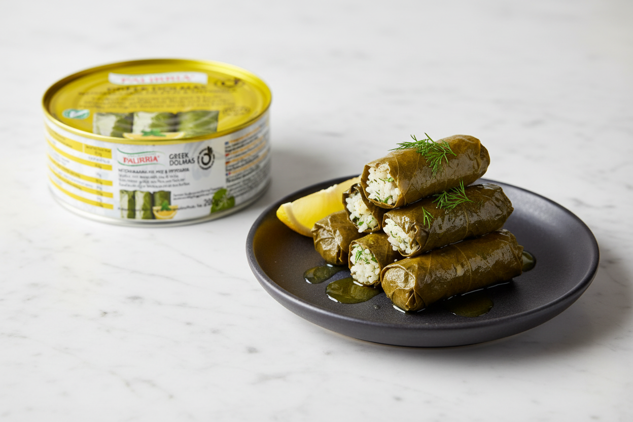 Close-up of Palirria hand-rolled dolmades with lemon and olive oil on white marble