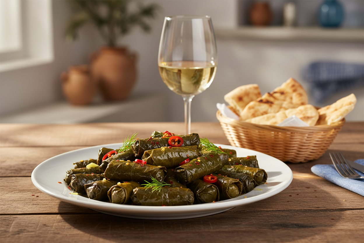 Palirria Sweet & Spicy stuffed grape leaves plated with olive oil, wine and pita in Greek taverna style